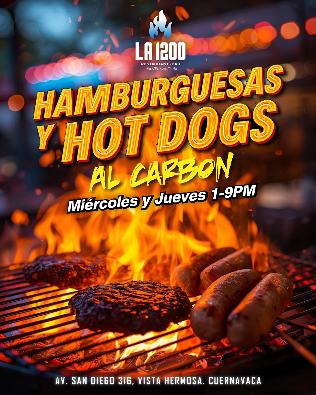 Hamburguesas y hot dogs al carbón en La 1200